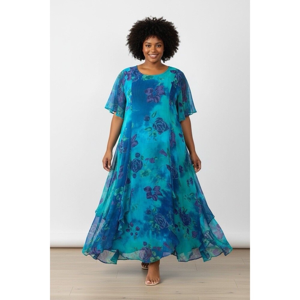 Phool NEW womens flowy sheer shift bright floral maxi dress XL coquette